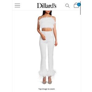 Feather Trim White Sequin Jumpsuit & Crop Top Set